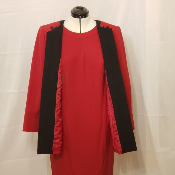 Kasper Women's Fire Red/Black Embroidered Open Front Jacket & Dress - Picture 5 of 14